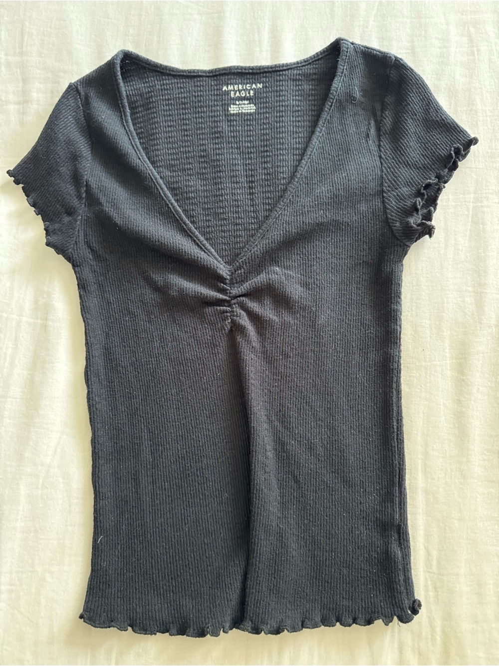 American Eagle Outfitters Black Ribbed V-Neck Short Sleeve Top